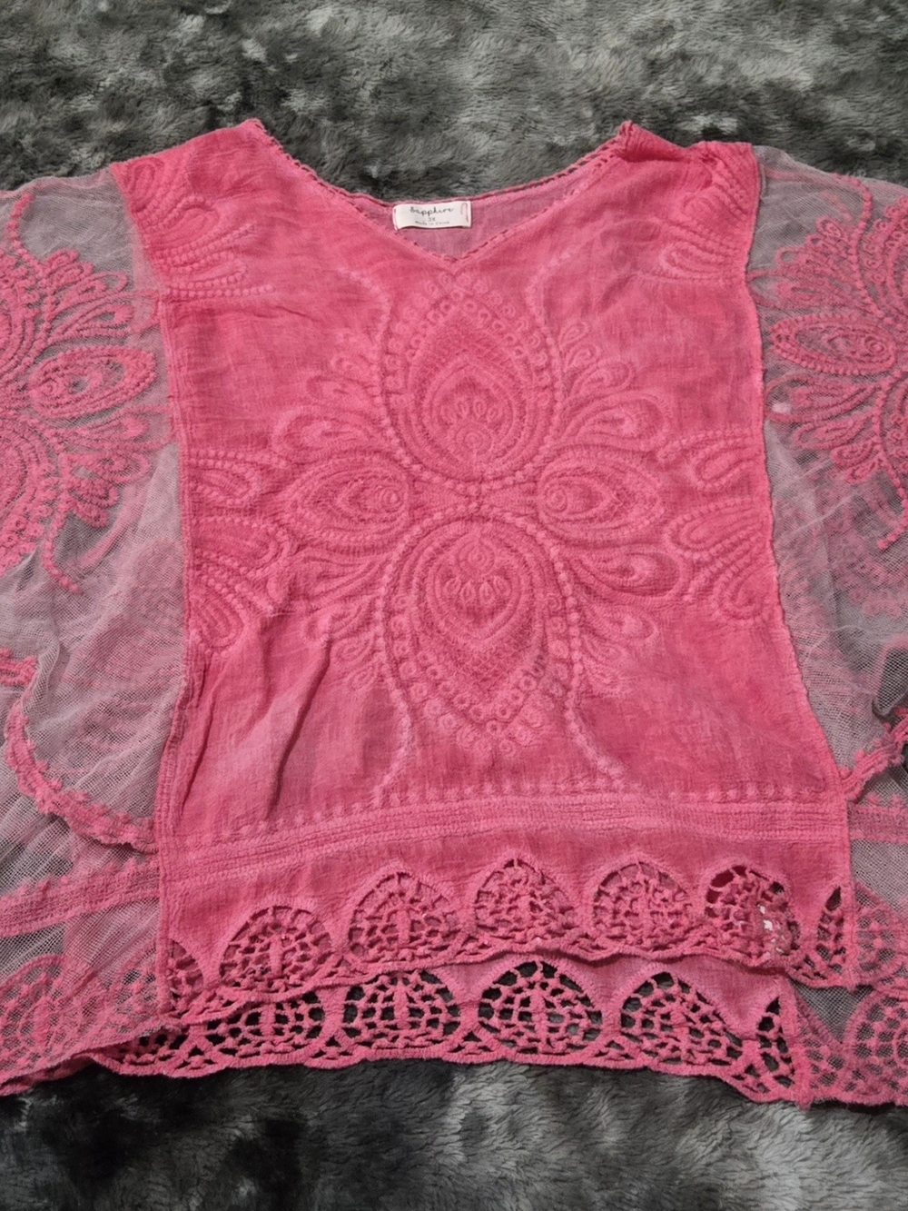 Sapphire Plus Size Pink Embroidered Mesh Lace Boho Tunic Top 3X